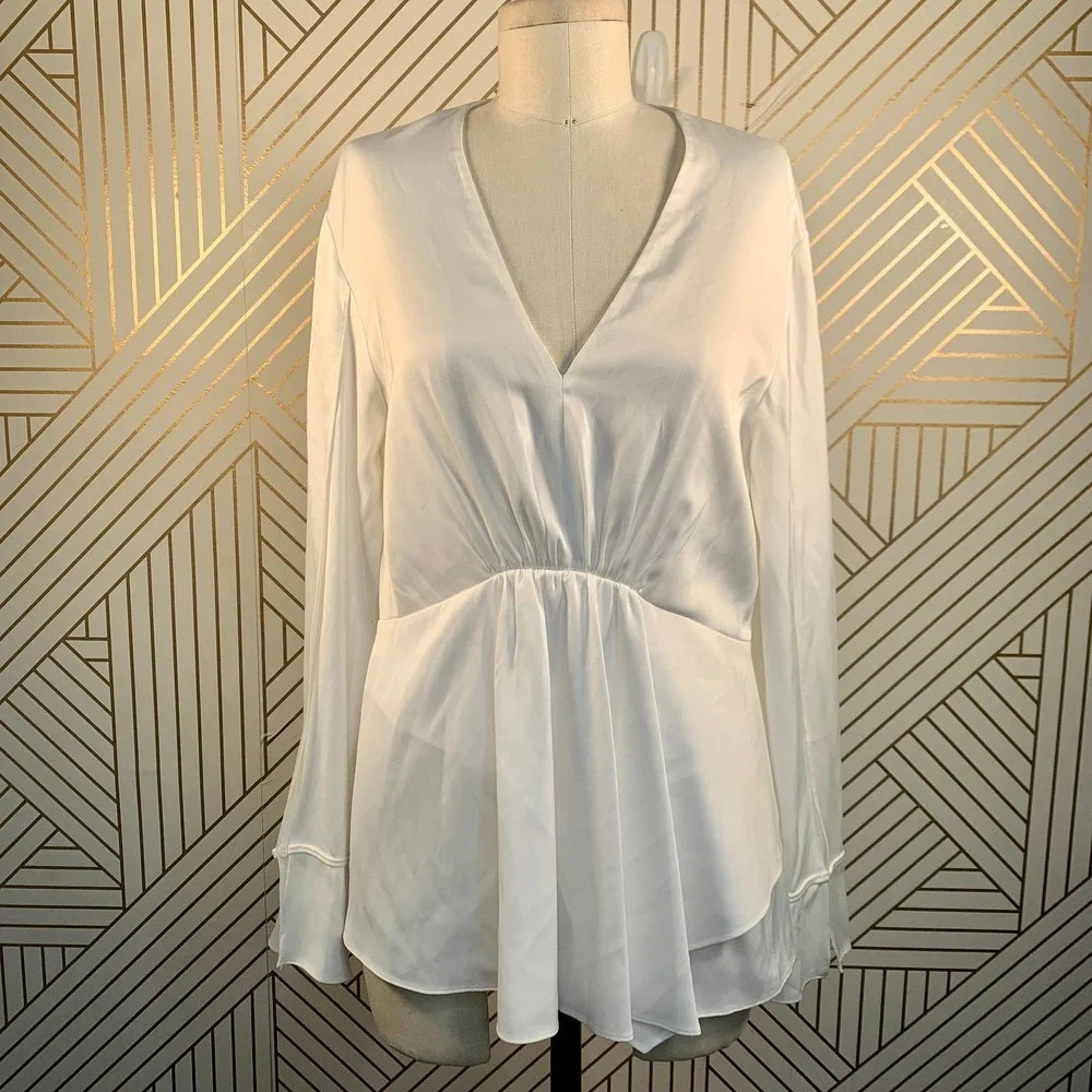 3.1 Phillip Lim Blouse Long Sleeve Empire Waist Satin White Size 4‎ *Stained
